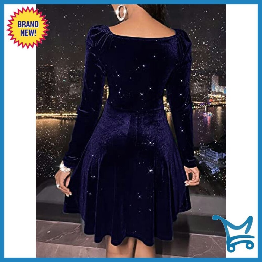 Velvet Glitter Wrap V Neck Long Sleeve Fit Flare Mini Dress - Picture 4 of 8
